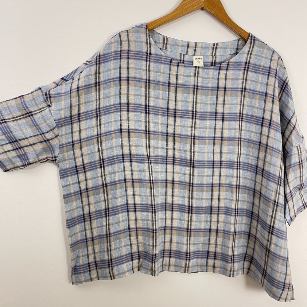 Lintico Aurora Linen Gingham Checked Boatneck 3/4 Sleeve Top - Picture 3 of 12